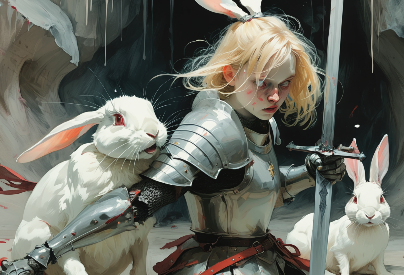 00037-3863953467-Art by Agnes Cecile. Closeup of a playful and chaotic scene of a blonde knight fighting a white rabbit. _BREAK_The blonde knight.png